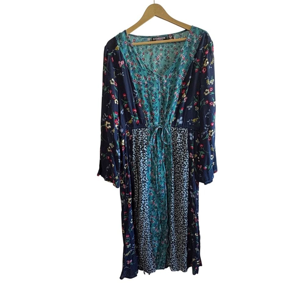 The Pyramid Collection Medium Blue Patchwork Floral Pattern Cottagecore Dress